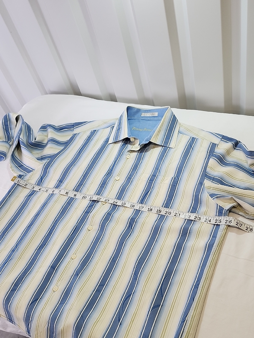 Tommy Bahama Mens Blue Green Vertical Stripe Silk Button-Down Shirt Size XL EUC - Picture 7 of 9